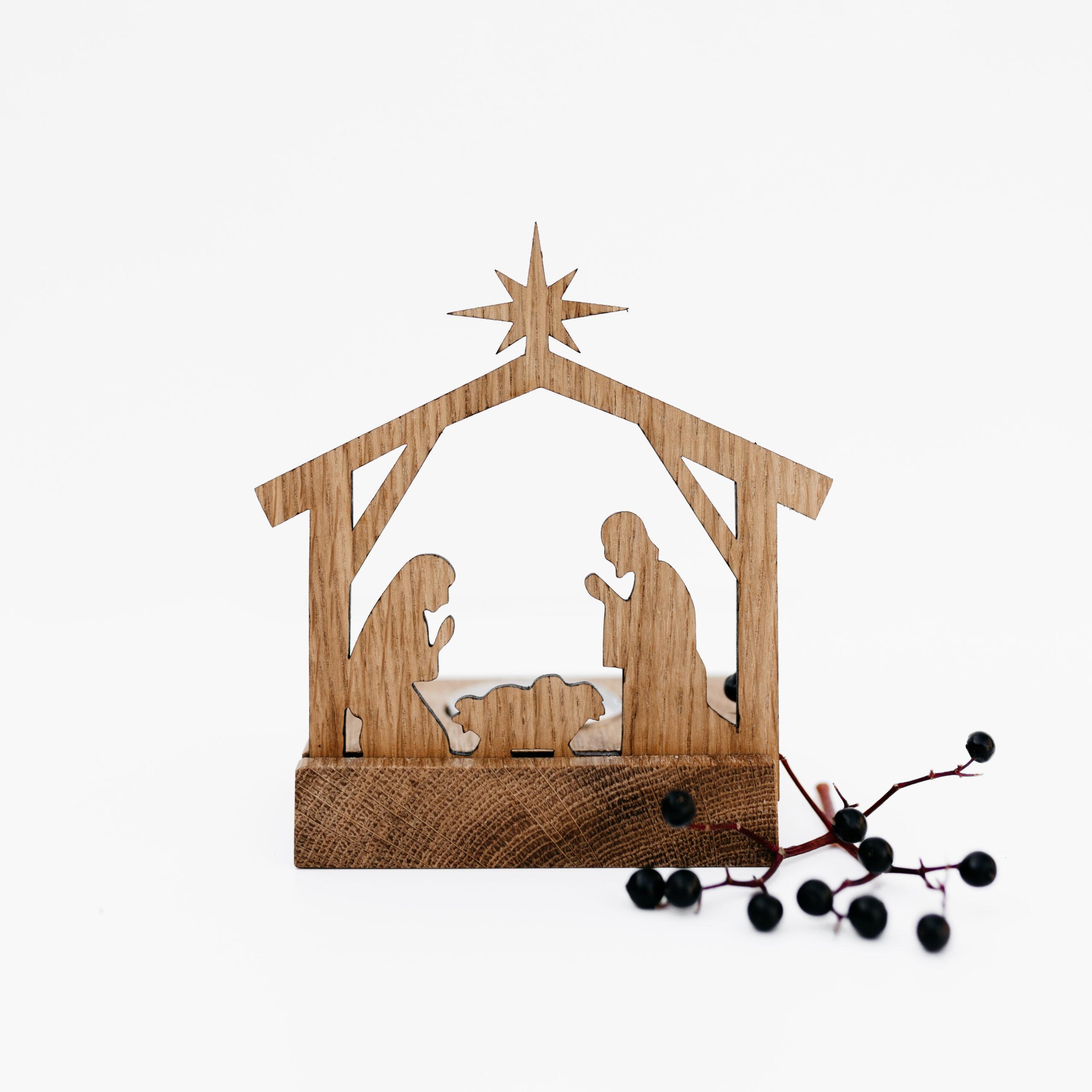 Kerststal kaarsje Bron van Hout Christelijke cadeaus Geloof Christelijk Hout
